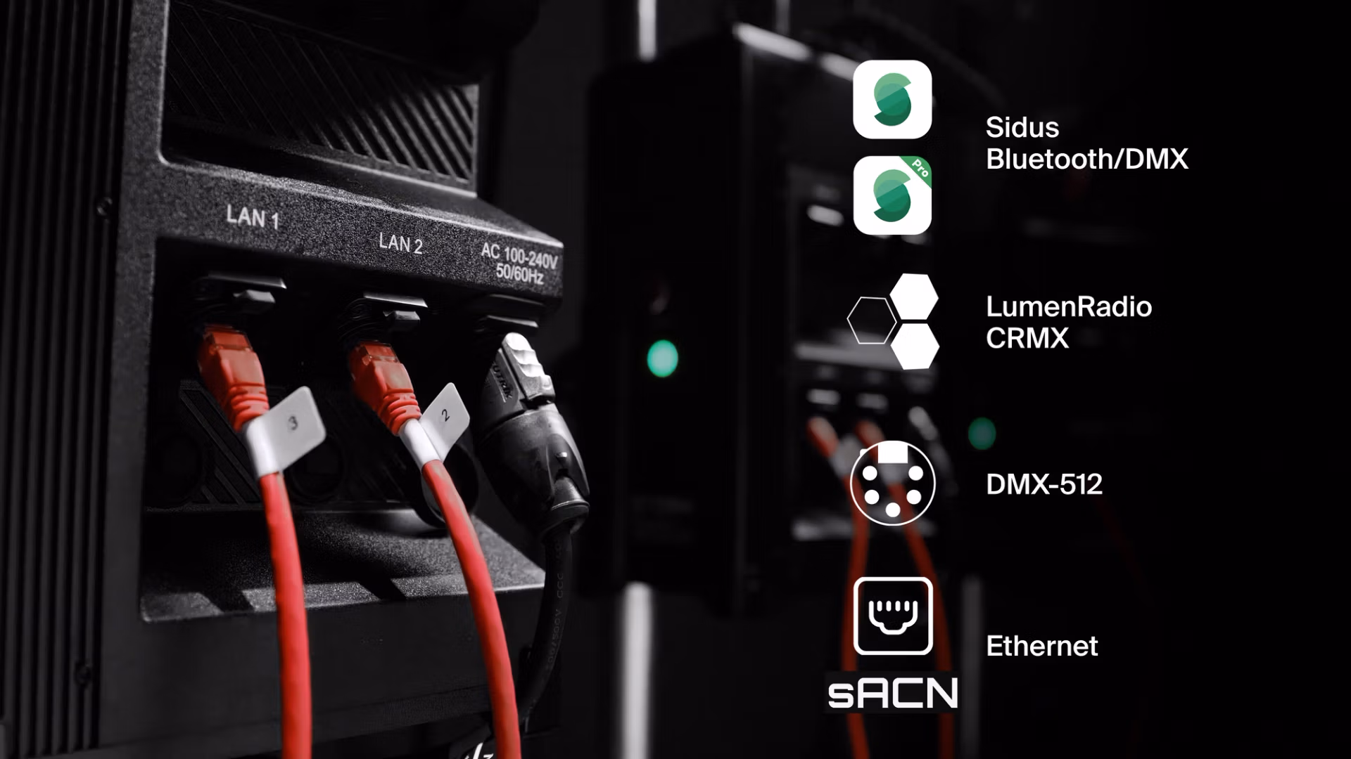 Світло Aputure STORM 1200x 1200W Tunable-White Point Source Fixture (AP20334A20) 22 Задня панель блока керування STORM 1200x з портами LAN, DMX та іконками Sidus, CRMX, sACN